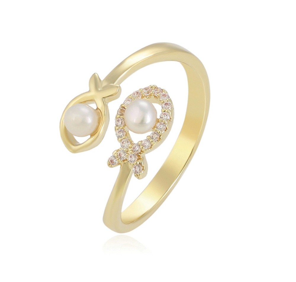 Fish Ring Adjustable Ring 14k Gold Plated CZ Stone