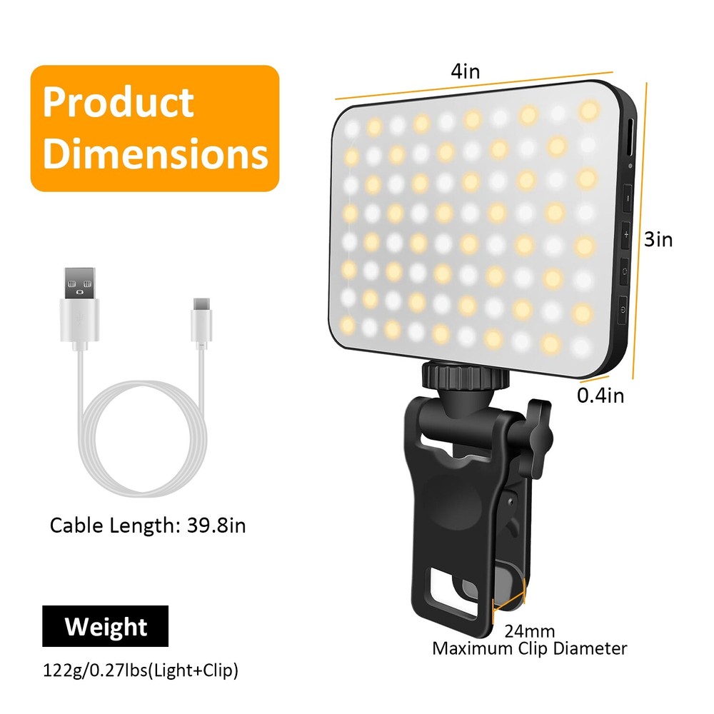 Selfie Light Phone Light with Clip, 80 LED 2000mAh Rechargeable Camera Light