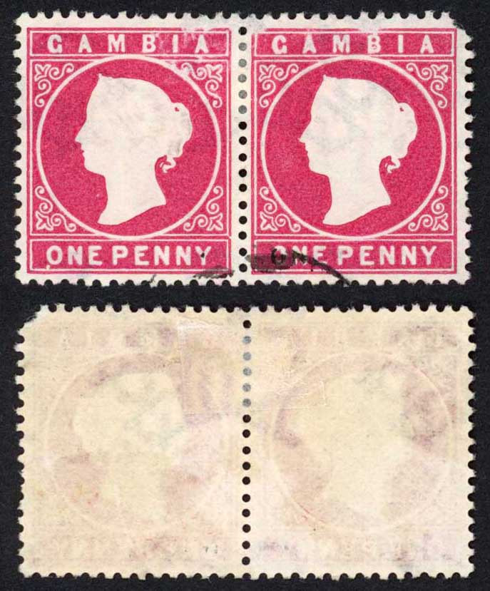 Gambia SG23/b 1d Wmk CA S/Ways Fine used Pair (corner missing)
