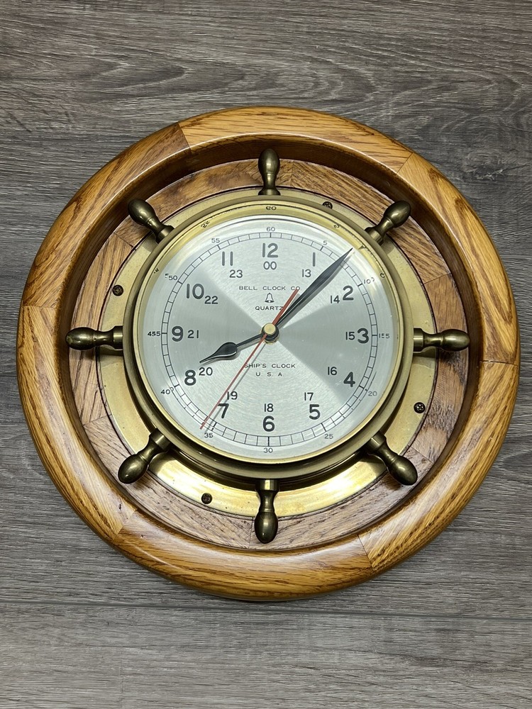 VTG Bell Clock Co. Brass Ships Wheel Case Quartz Clock Oak Frame MCM Display