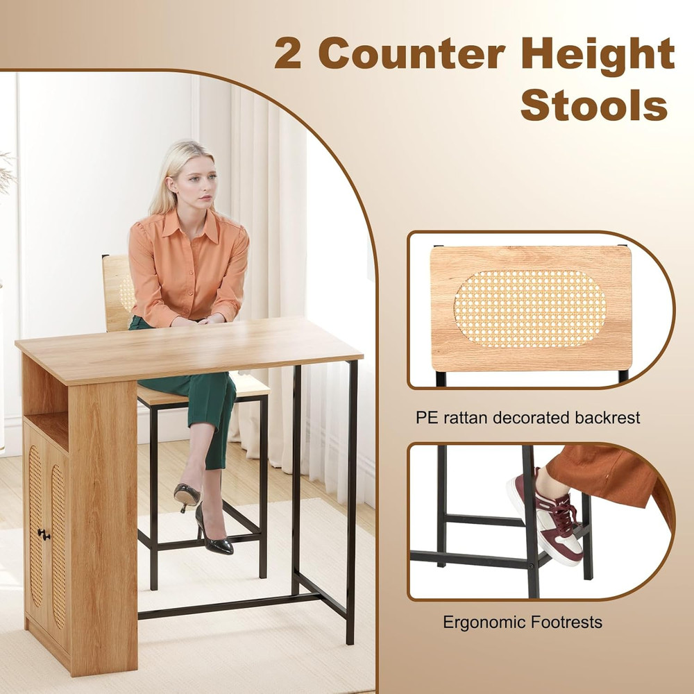 Boho 3-Pc High Top Table & Stools Set with Storage, Metal Frame, Counter Height
