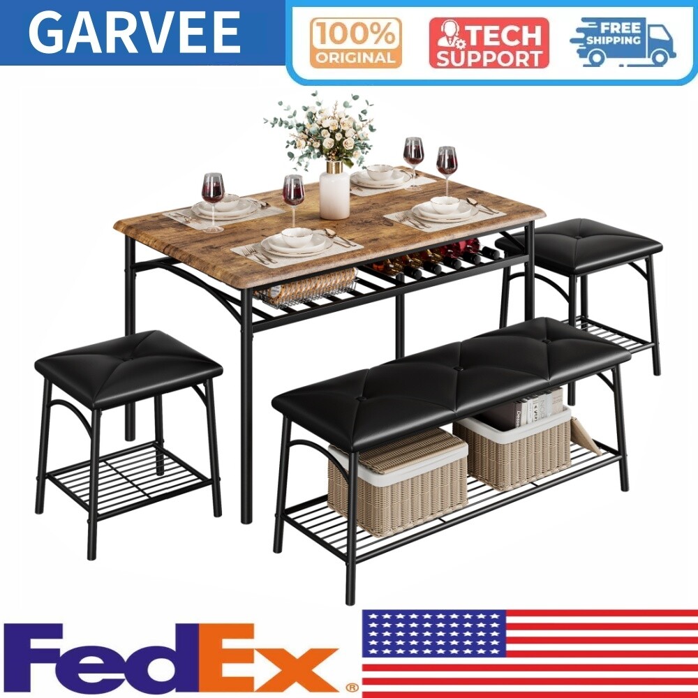 🆕Dining Table Set for 4 Kitchen Table Set with Upholstered Bench Square Stools