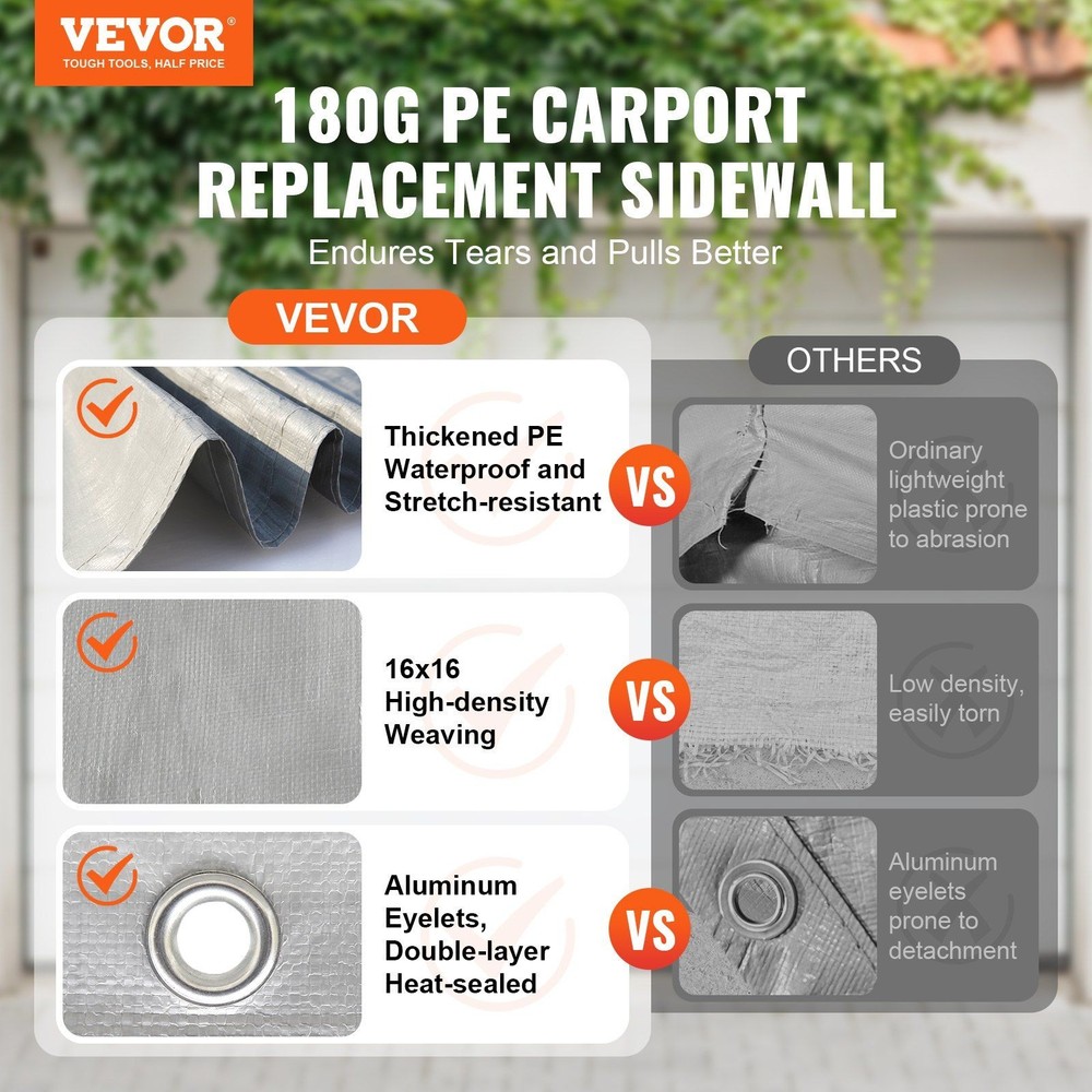 13x20ft PE Canopy Replacement Side Wall, Reinforced Block & Stitch, Grey