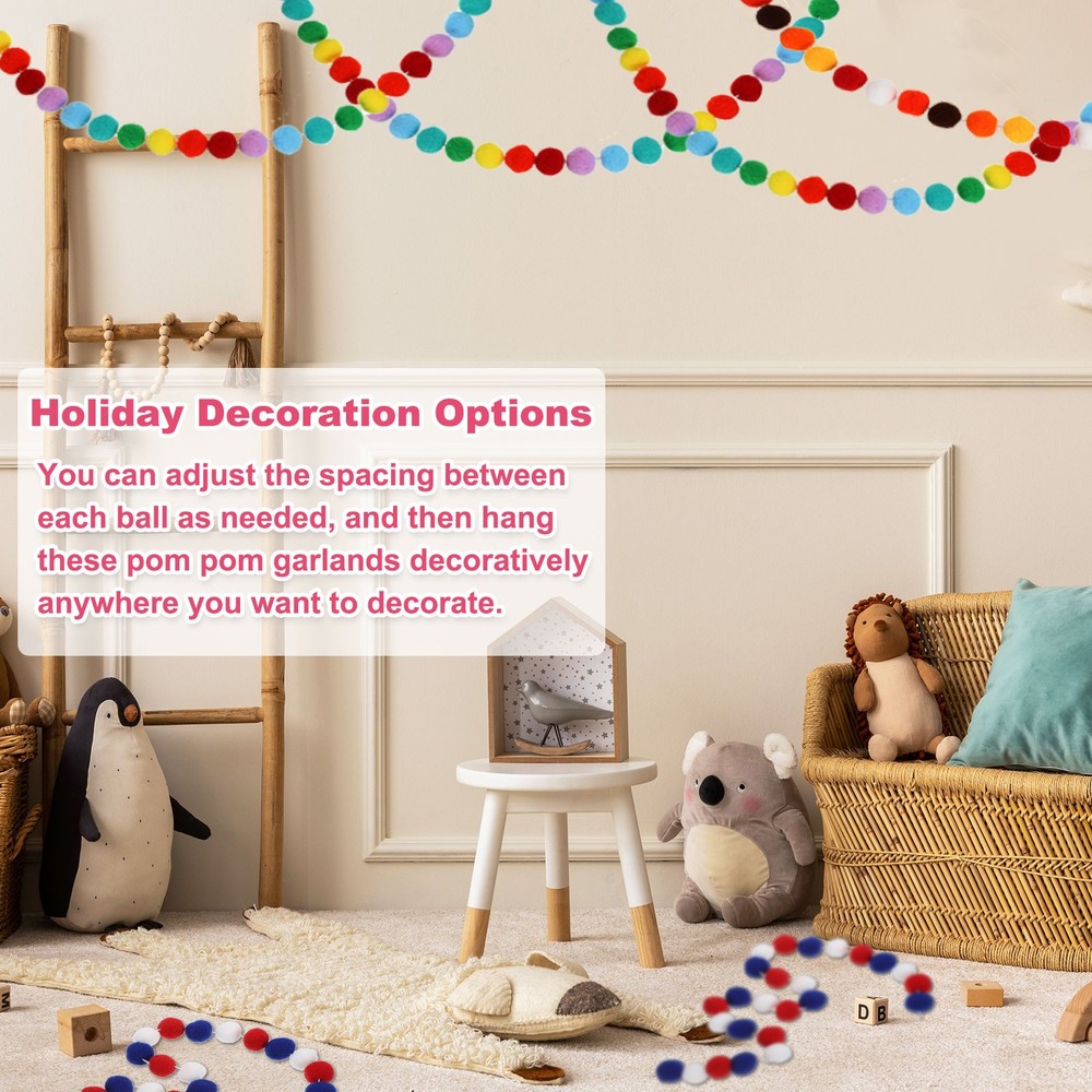 2Pcs 13Ft Pom Pom Garland Decorations, Multicolor