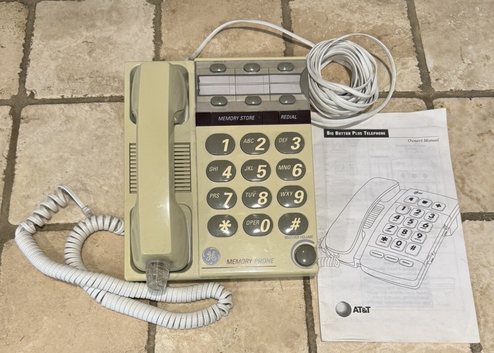 GE Big Button Telephone 2-9266A White & Tan With Memory Dialing & Redial