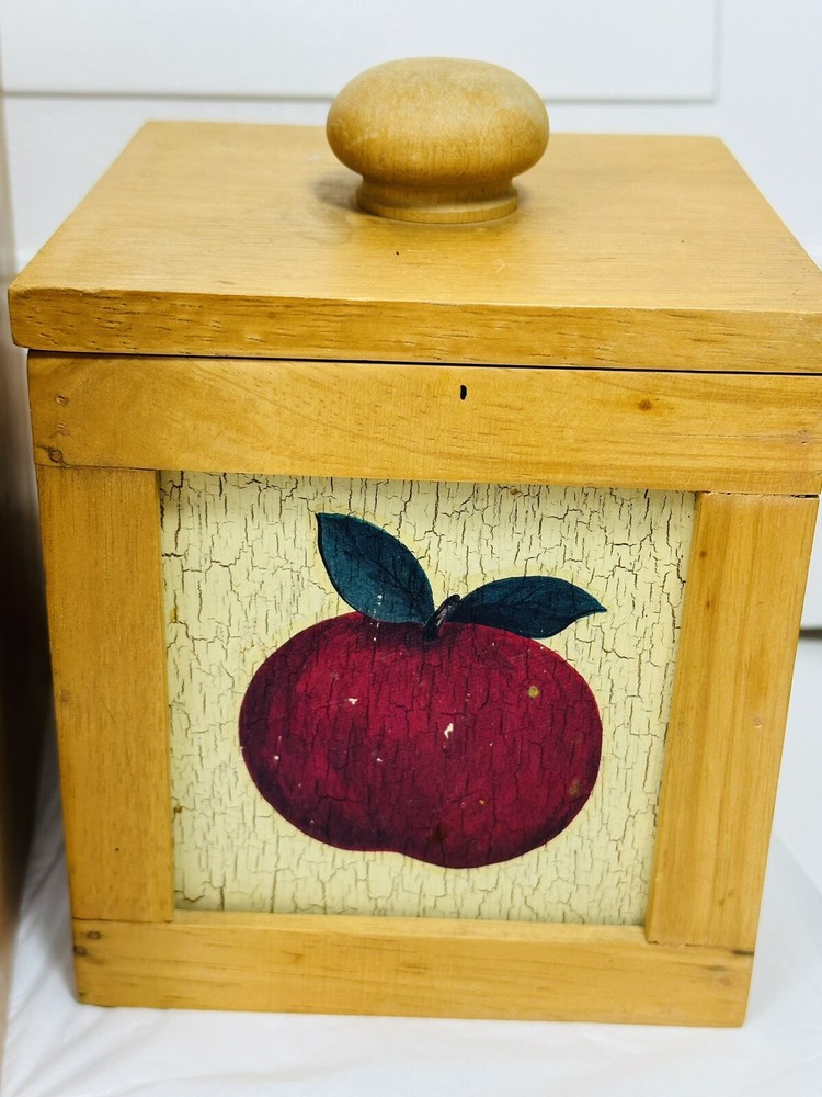 Vtg Unbranded Wooden Cannister Set County Apple Rustic Primitive