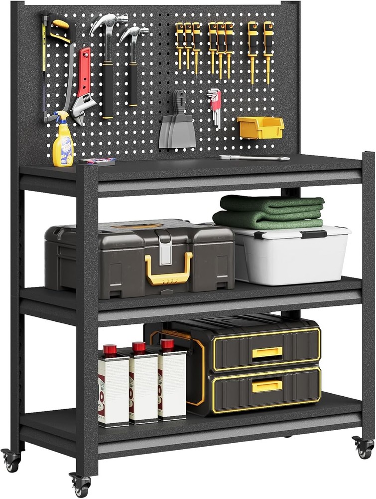 Workbench  Pegboard, Adjustable Heavy  Work Table Wheels,48" x 18" x 34",Black