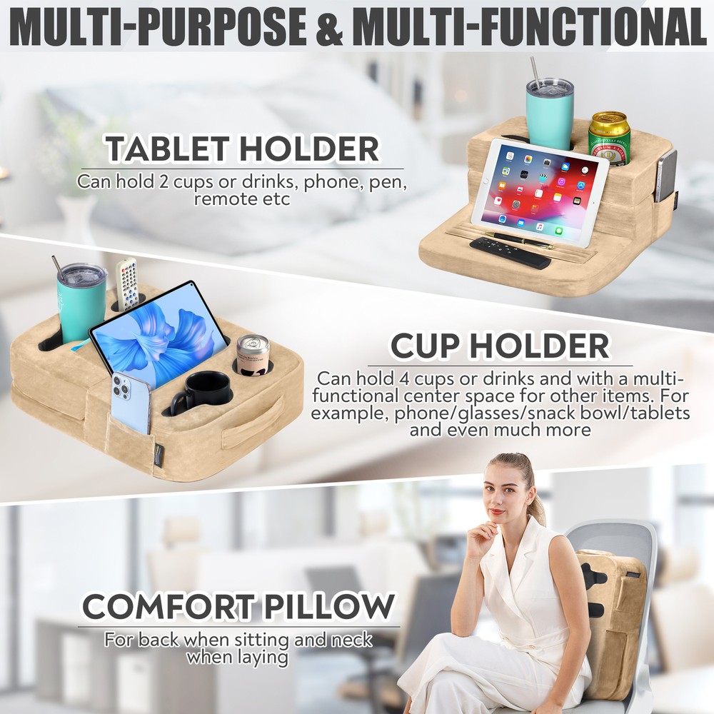 TabCouchCaddy - Couch Cup Holder Tray & Tablet Pillow Stand - Bed, Couch Caddy