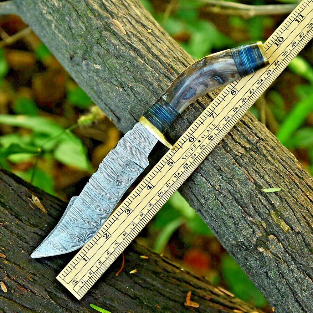 Stag Handle Knives- Damascus Fixed Blade Bowie Knife Ram Horn Handle