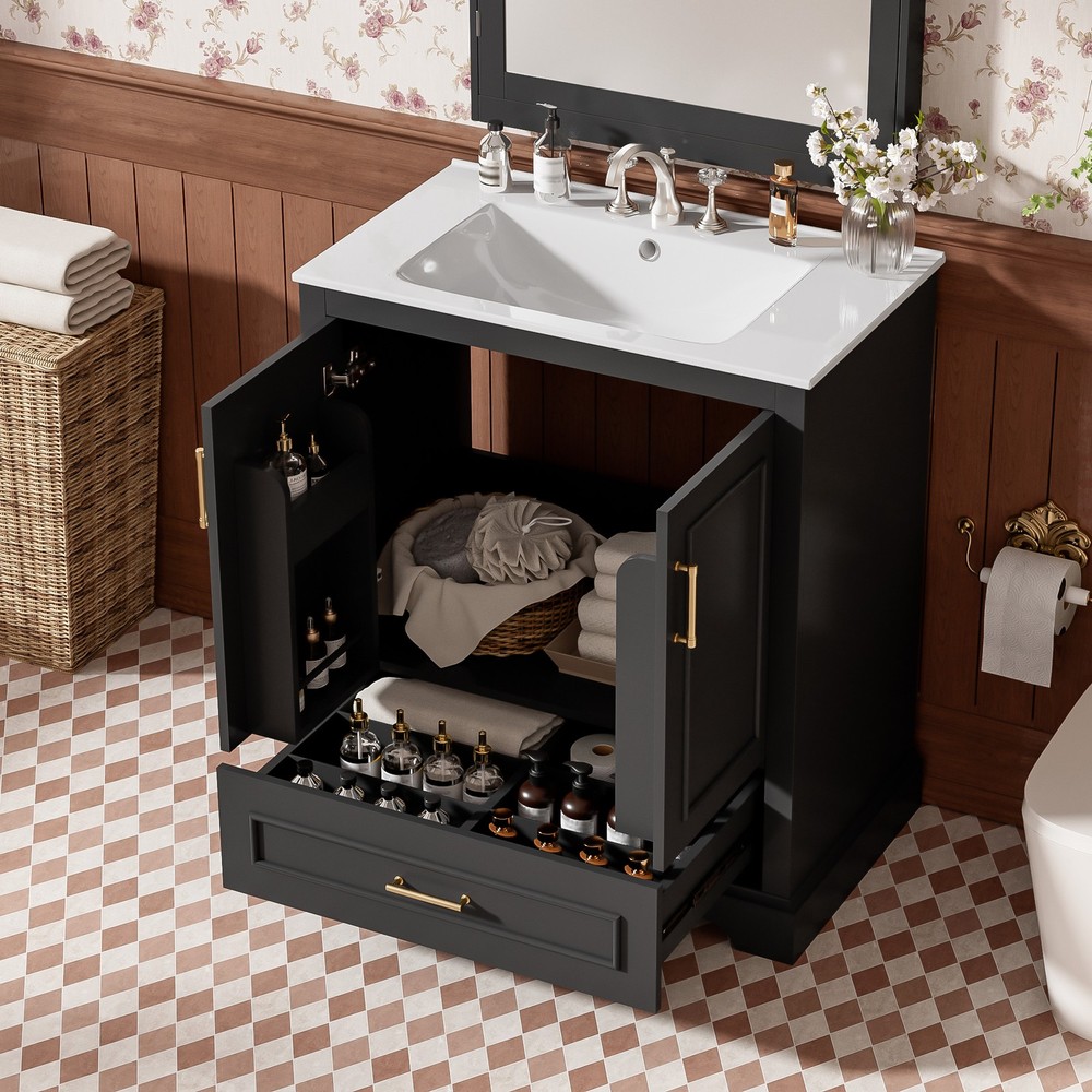 30" Bathroom Vanity w/ Sink, Black, Soft-Close Doors & Drawer, Solid Wood+MDF
