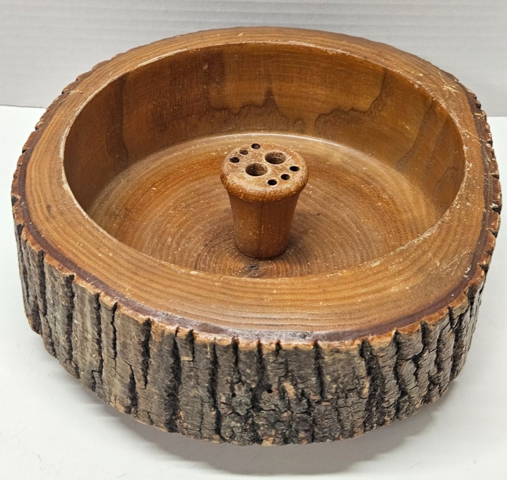 Vintage MCM Wood Nut Cracking Bowl Tree Bark Rustic Nutcracker Dish 9.5"