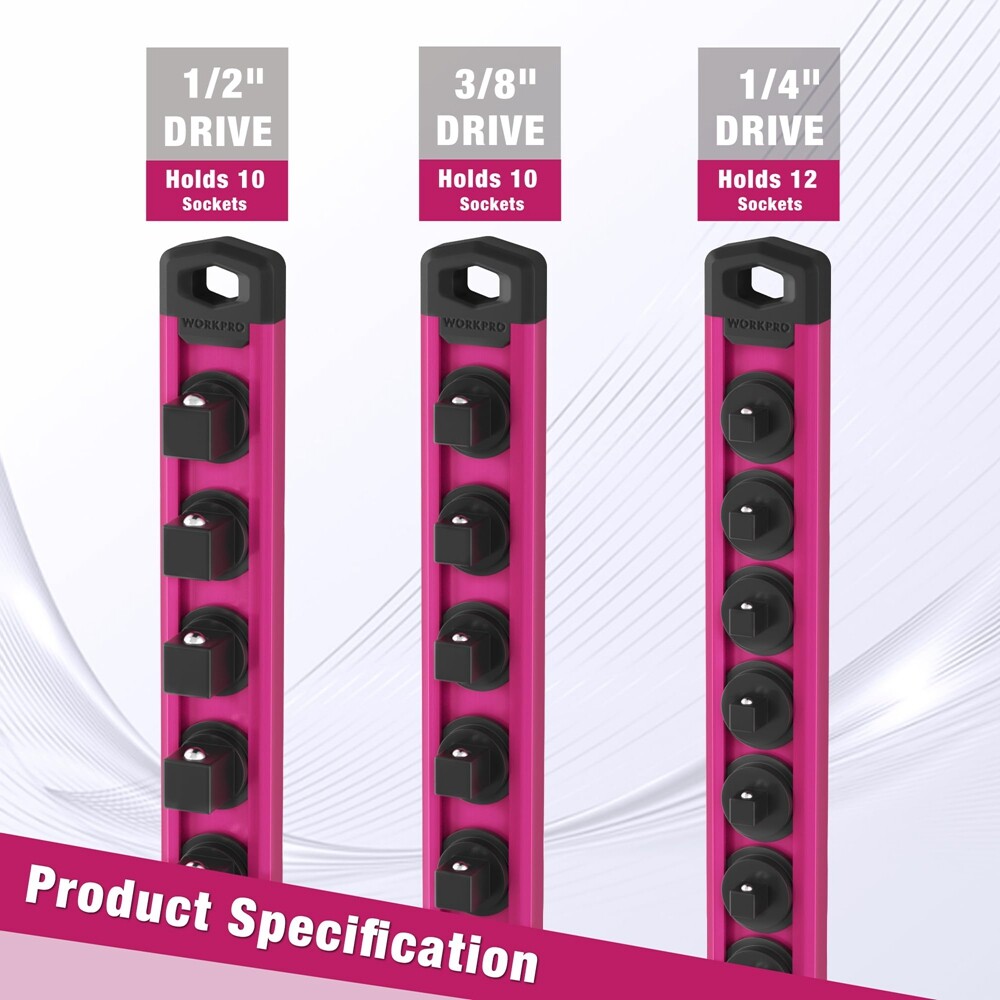 WORKPRO Heavy Duty Magnetic Socket Organizer 3/8" Dr Socket Holder Rack 10 Clips