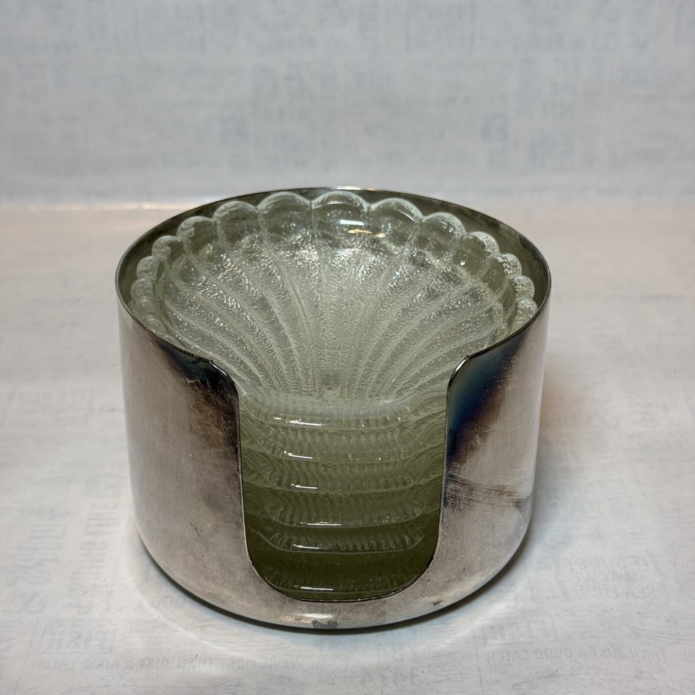 Complete Set WM. Rogers Shell Shaped Glass Coasters Set & Silver Plated Holder