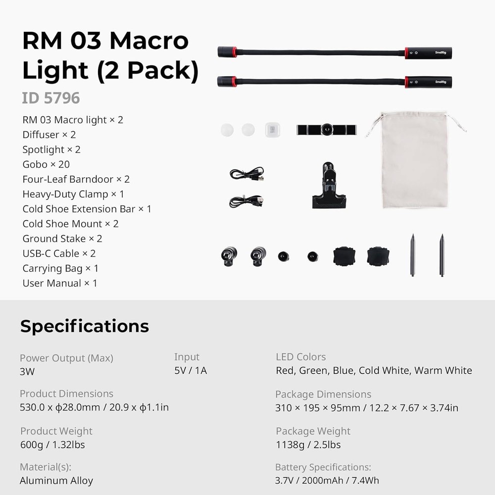 SmallRig RM 03 Macro Photography LED Light - 2 Pack Adjustable Beam Angle 5796