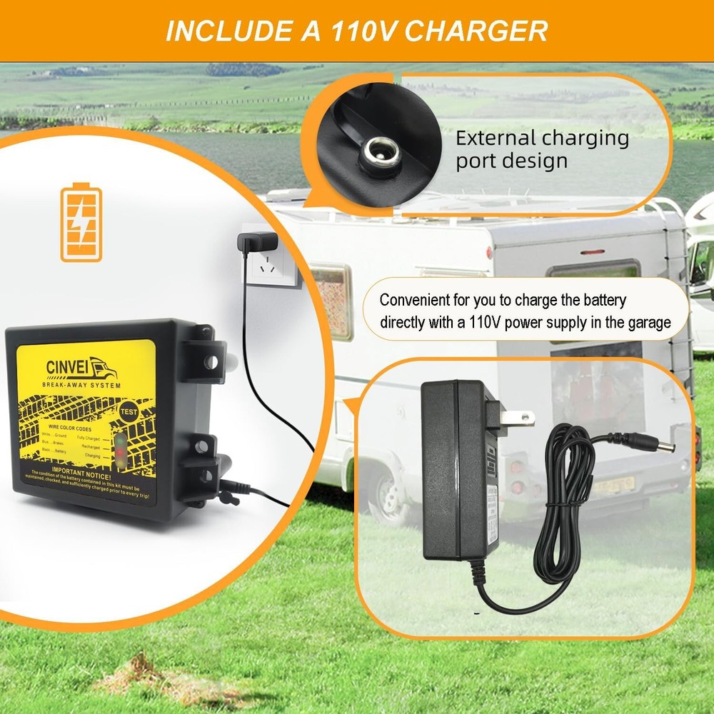 Trailer Brakes Breakaway Kit with Charger, LED Indicator, Switch, 12V5AH Battery