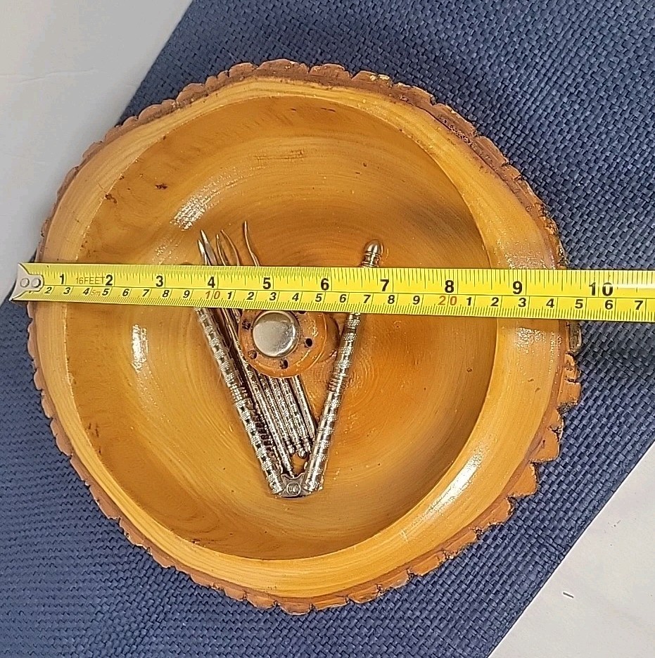 Vintage Solid Wood Tree Bark Nut Bowl with Nutcracker & 6 picks
