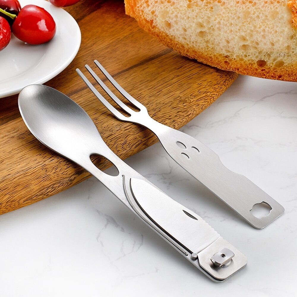 Folding Knife Fork Spoon Travel Camping Eating Tool Steel Silverware Backpacking