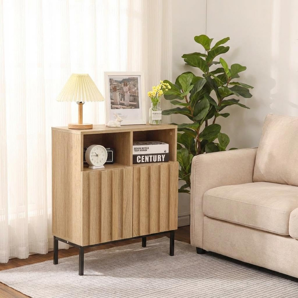 Modern Industrial Buffet Cabinet with Storage & Adjustable Shelf, Fluted Design