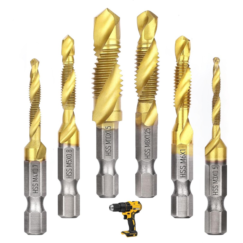 6 Pcs Drill Tap Set | Titanium Plated Combination Taps Bit | M3 M4...