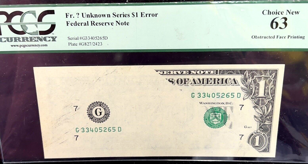 $1 FRN MAJOR OBSTRUCTED FACE PRINTING ERROR NOTE PCGS 63!