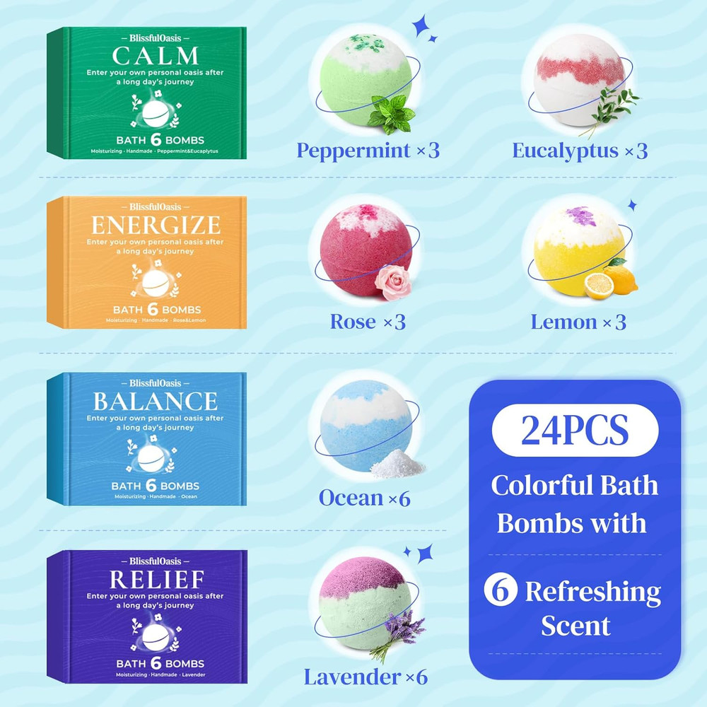 Bath Bombs Set 24 Pcs Shower Bombs with 6 Refreshing Scents Perf