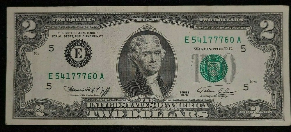 1976 $2 Federal Reserve Note shift TRIPLE ERROR note circulated.