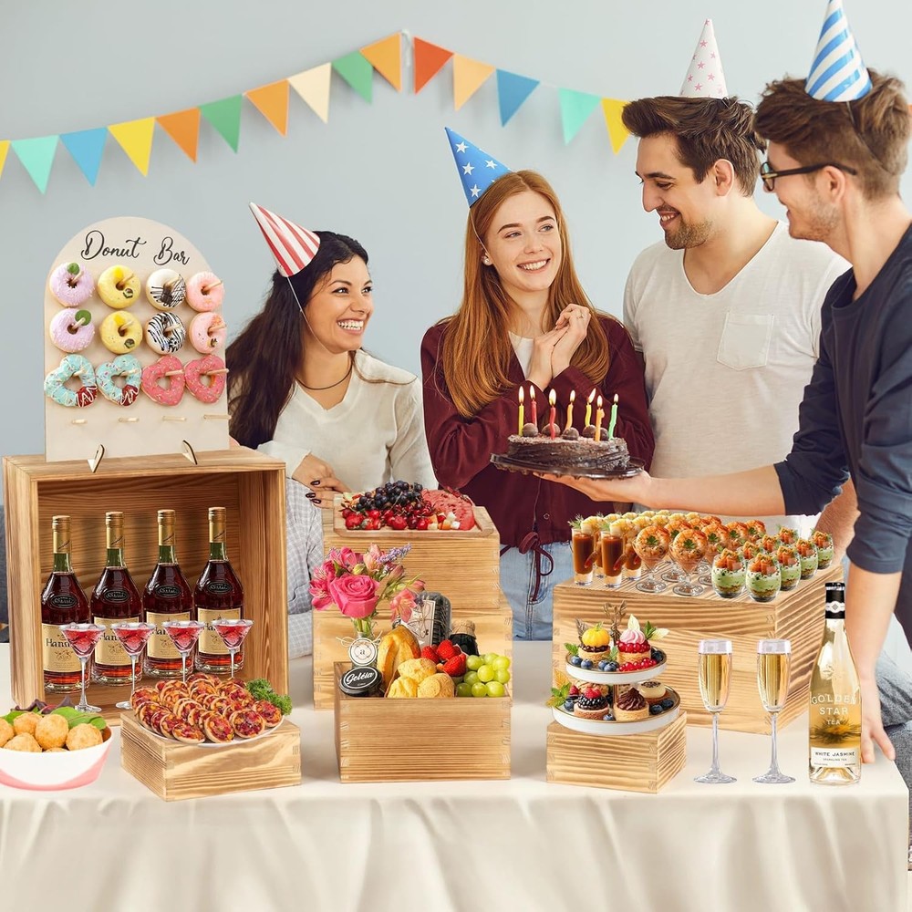 8-Pack Pine Wood Buffet Risers Multi-Size Nesting Cube Food Display Stands