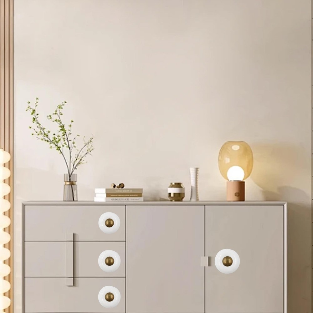 1” Ceramic Round Knobs, Antique Brass and Ceramic Cabinet Knobs, White Fur