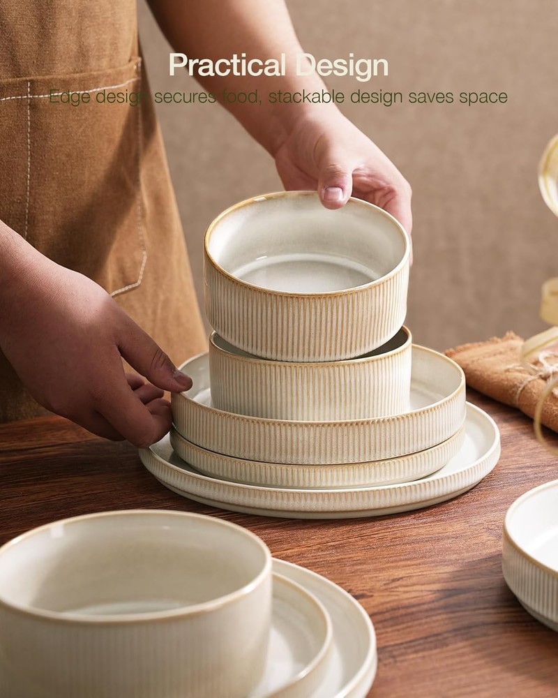 famiware Star Plates and Bowls Sets, Modern Stoneware Dinnerware Sets for 6, 18-