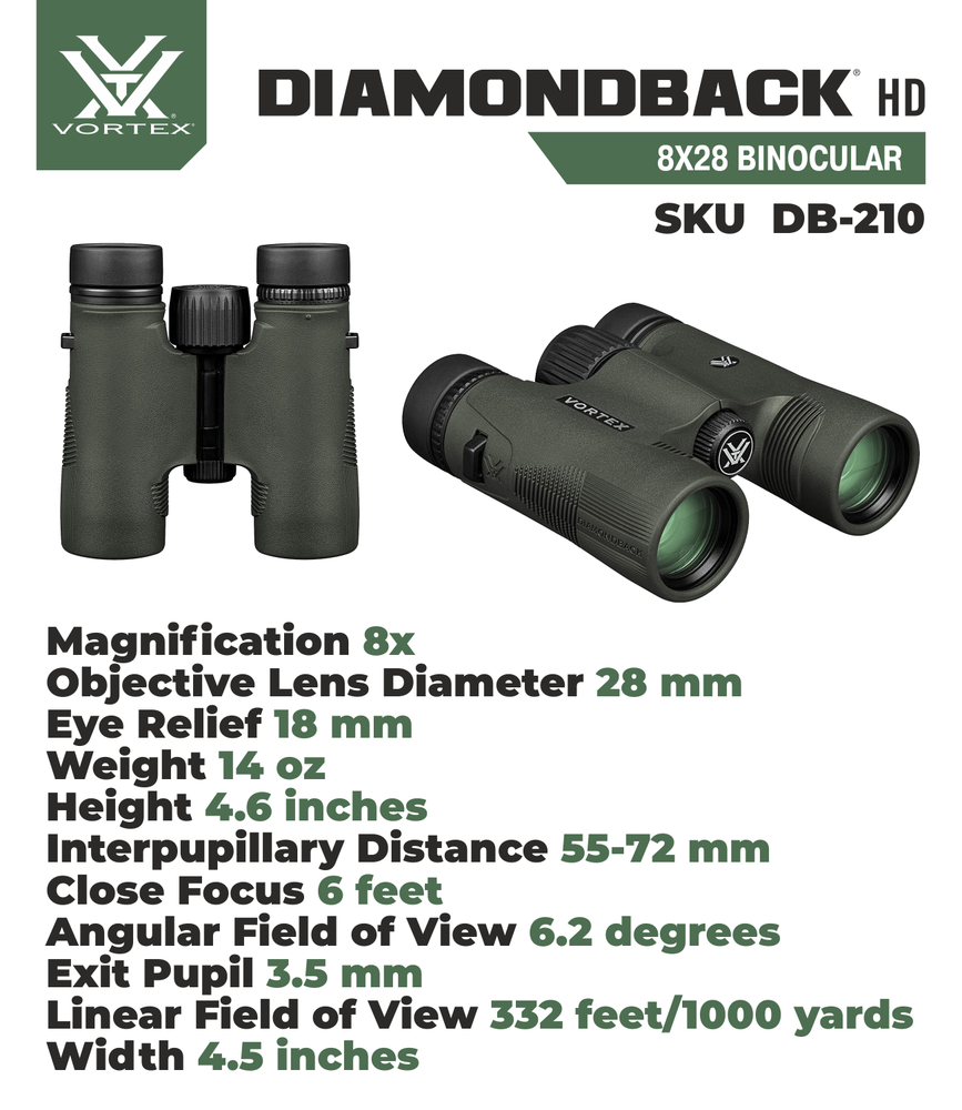 Vortex Optics DB-210 Diamondback HD 8x28 Binocular with Free Hat Bundle