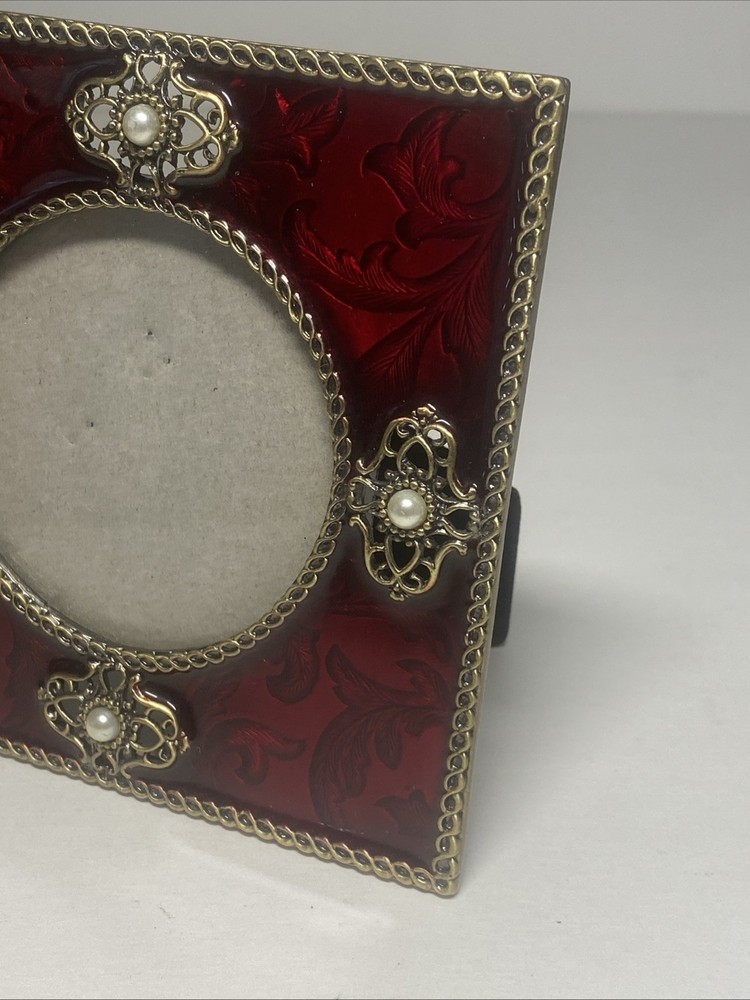 Vintage Victorian Goth Ruby Red Enamel & Pearl Ornate Square Picture Frame Vamp