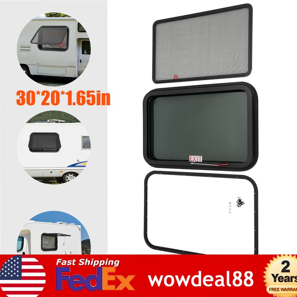 30"x20" RV Exit Window w/Screen & Trim Ring Tempered Glass Window Camper Trailer