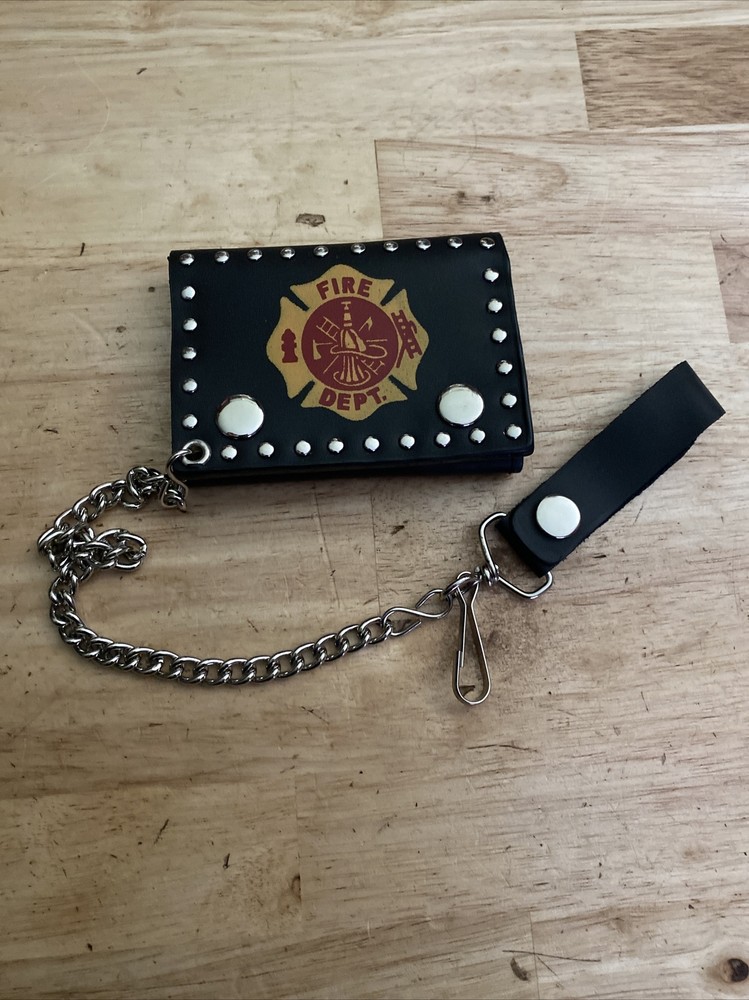 Firefighter REAL Leather Wallet Chain Motorcycle Collector Harley Davidson GIFT