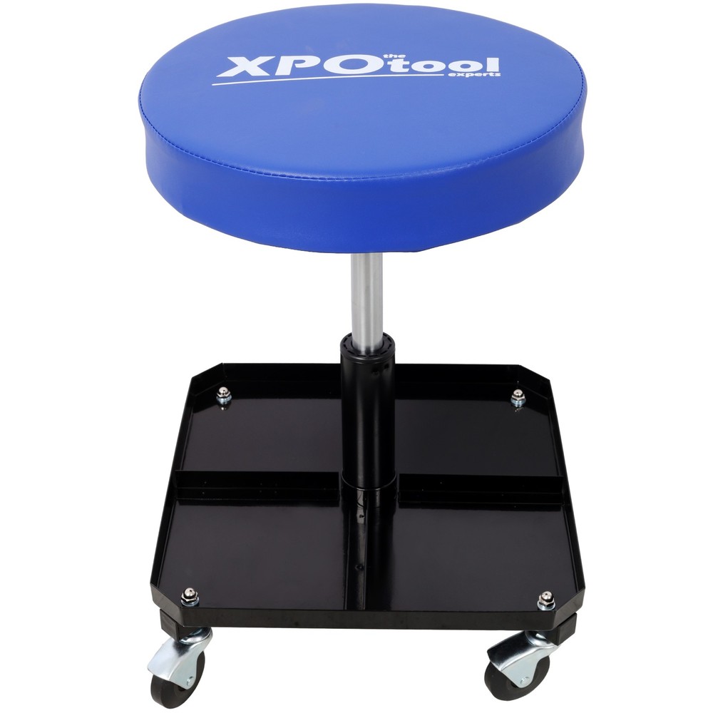 Storage of rolling pneumatic adjustable mechanical stools and tool trays