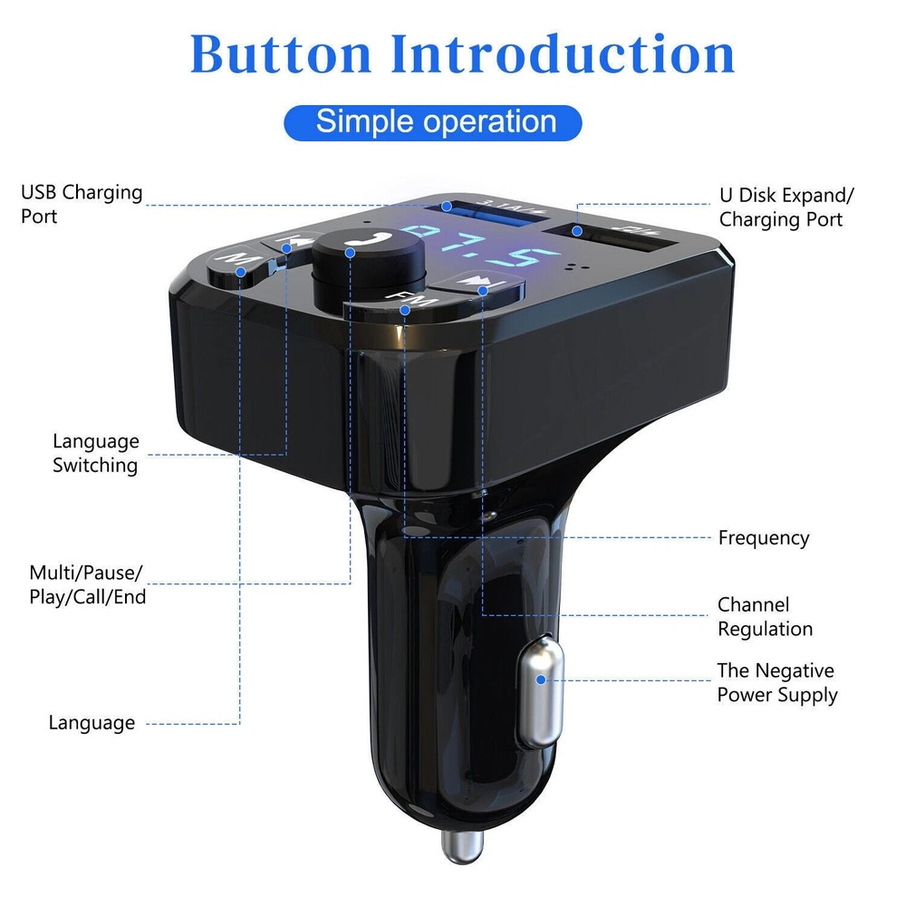 Bluetooth 5.0 Car Wireless FM Transmitter Adapter 2USB PD Charger AUX Hands-Free