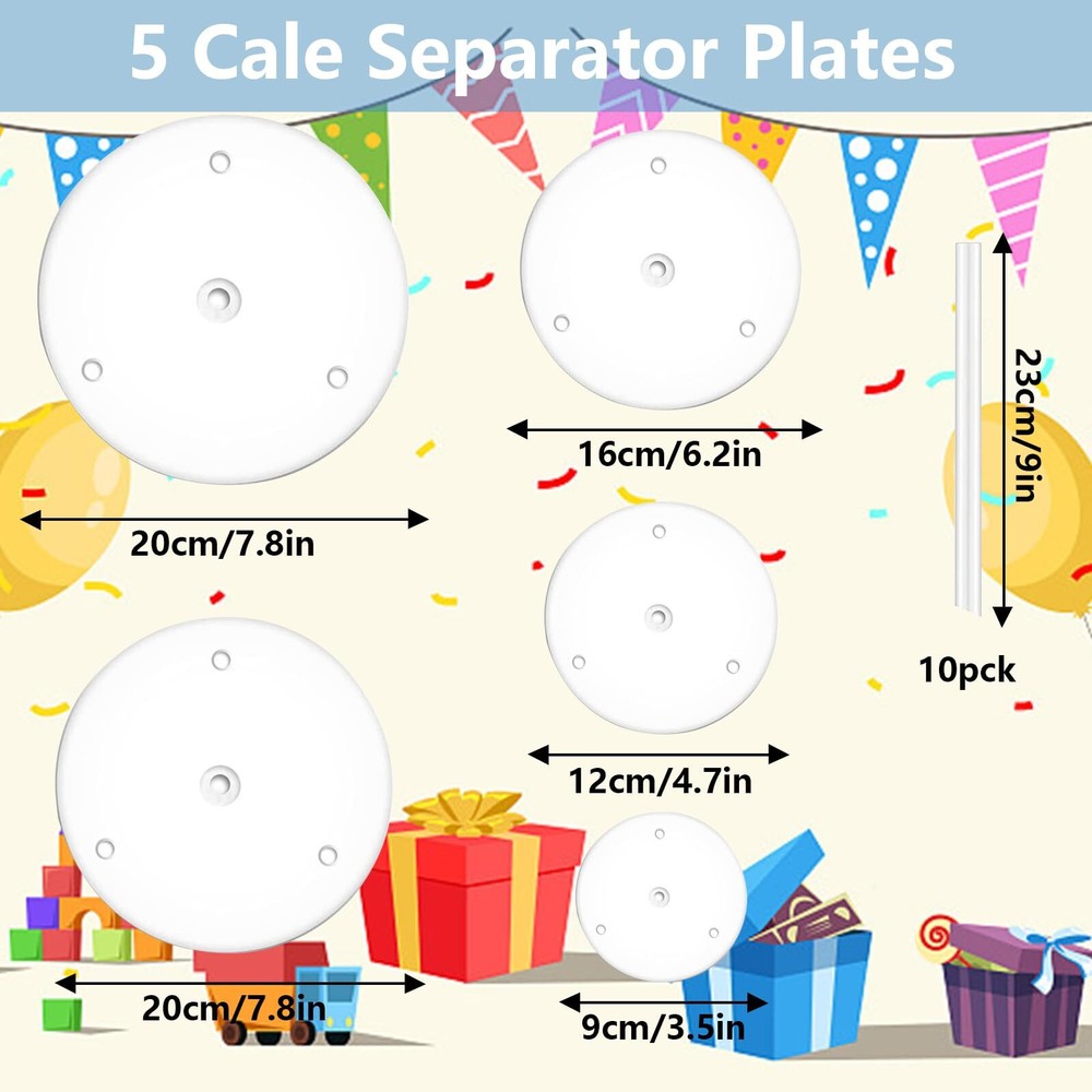5 Pcs Cake Separator Plates Base Stands with 15 Pcs Plastic Dowel Rods