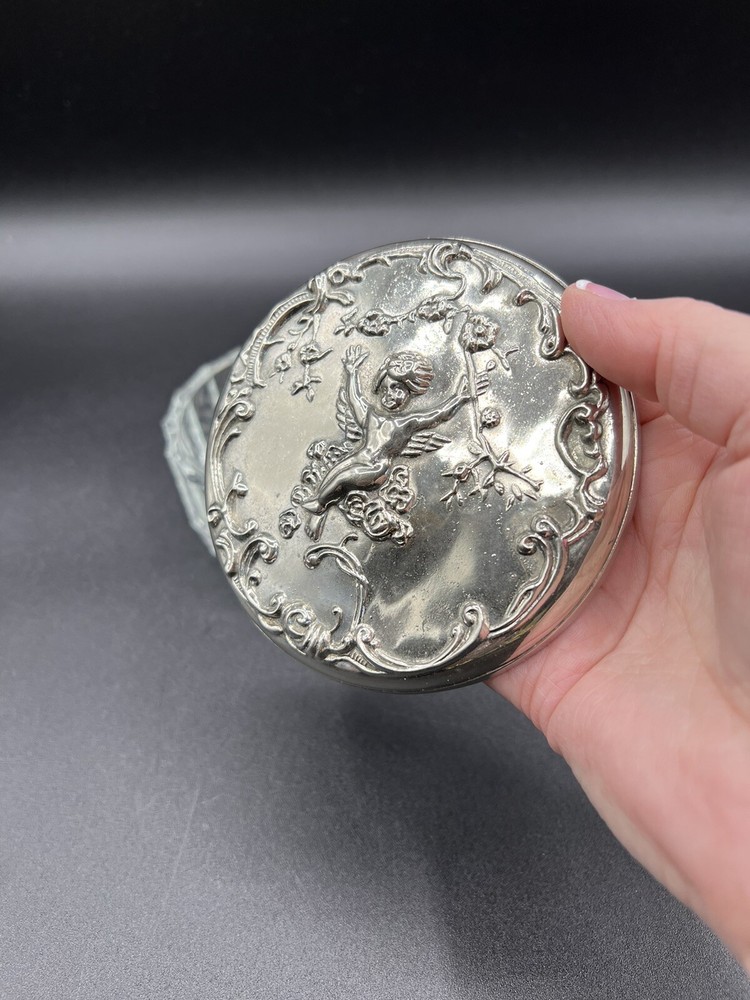 Vintage Elegance Angel, Cherub, Silver Plated Lid Vanity Dish