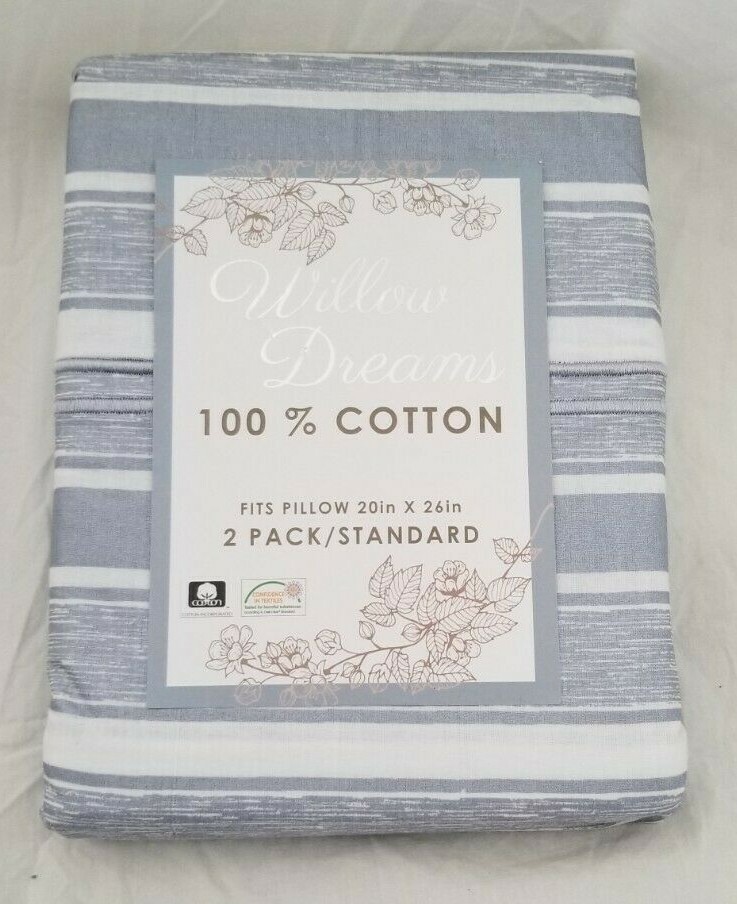 2 pc Willow Dream Blue, Silver, White Standard Pillowcases NIP