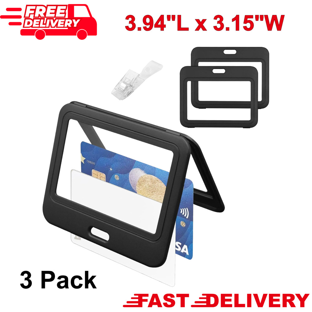 3 Pack ID Badge Holder with Double-Sided Windows Hard Plastic Horizontal Black