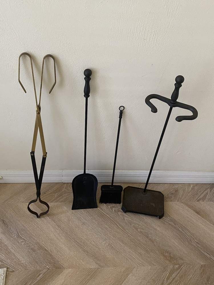 Fireplace Tools Vintage 3 Pc Iron Brass Accent & Stand Decor Unique