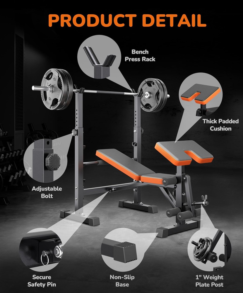 Multi-Function 6 in 1 Weight Bench Set - Leg Press, Preacher Curl Orange