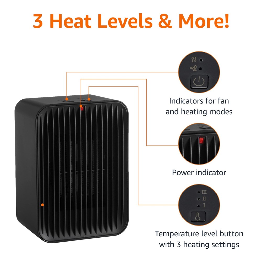 Amazon Basics Ceramic Space Heater, Electric, Indoor Use, 3 Heat Settings