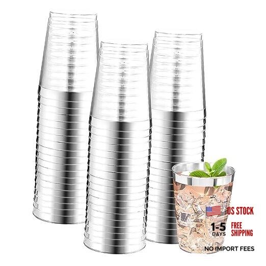 200 Pack Silver Plastic Cups 10 Oz Clear Plastic Cups Silver Rimmed B Silver