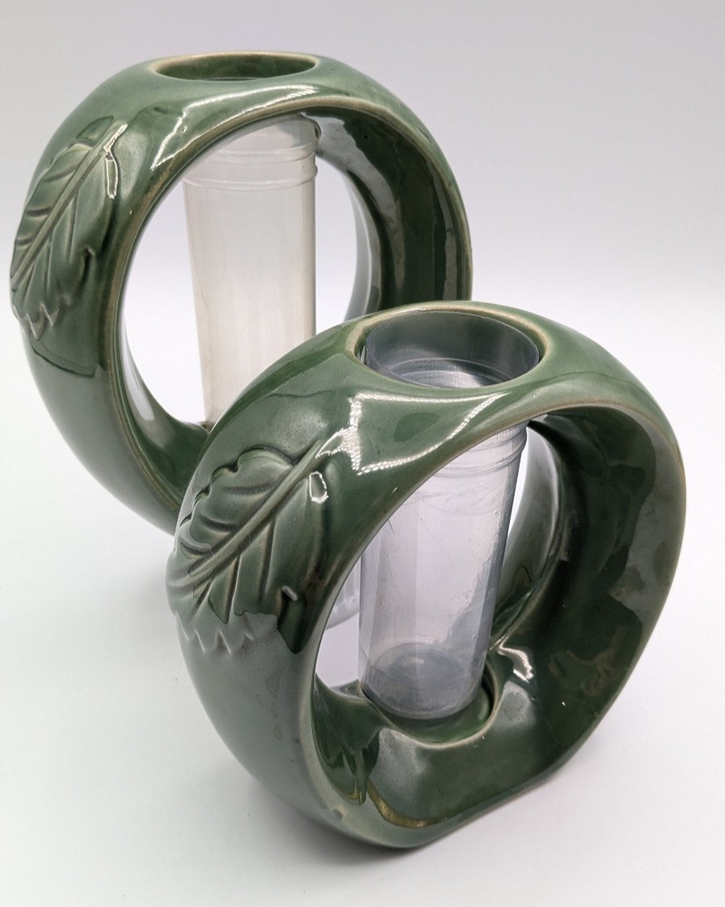 Vtg Ceramic Circular Bamboo Planters with Plastic Inserts Embossed Leaf Design