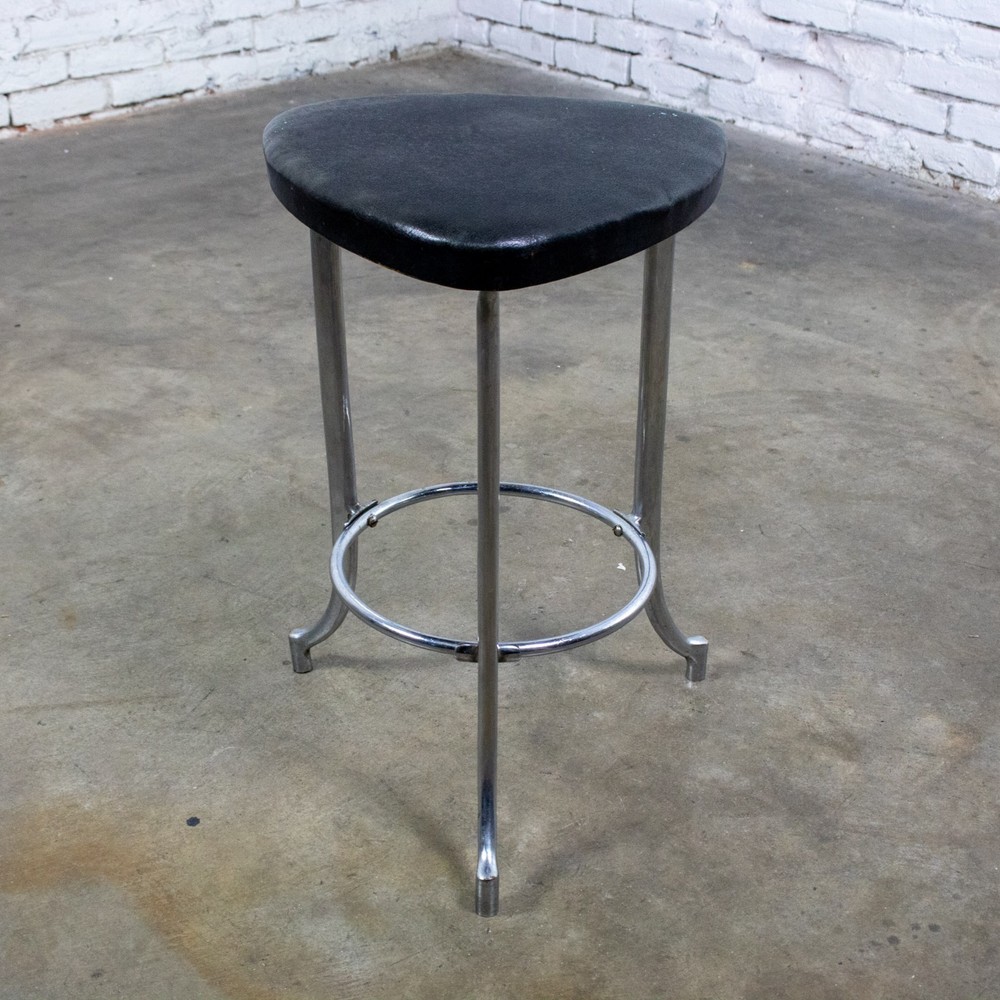 Art Deco Streamline Moderne Low Stool Solid Chrome Legs & Black Vinyl Seat