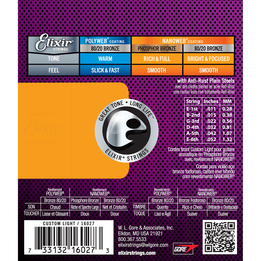 Elixir Nanoweb Phosphor Bronze Custom Light Acoustic Guitar Strings 16027 1 Set