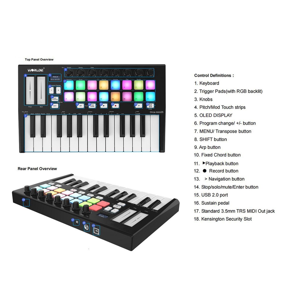 WORLDE ORCA mini25 Portable 25-Key USB MIDI Keyboard Controller 16 RGB