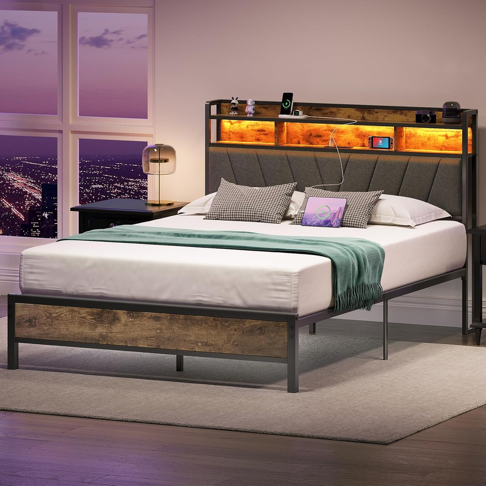 Queen Bed Frames with Headboard, LED Lights Queen Size Bed Frame with Charging S