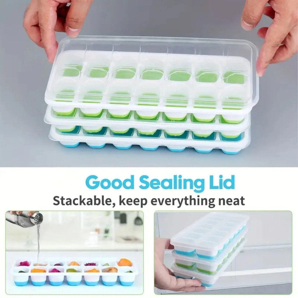 Silicone Ice Cube Trays with Lids Easy Release Non Spill Ice Maker