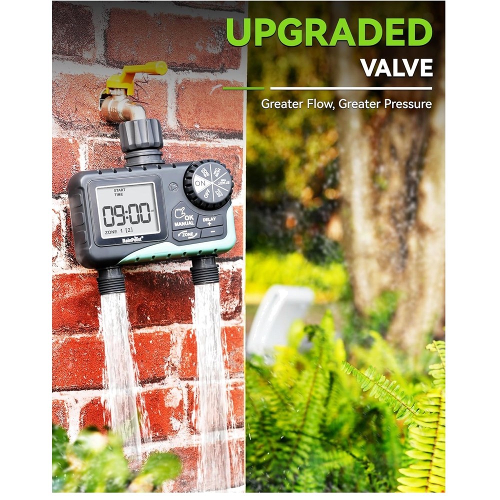 Easy Setup 2-Zone Sprinkler Timer for Yard Lawn - Rain Delay